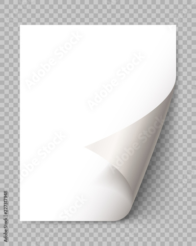 Page curl with shadow on blank sheet of paper. White paper sticker. Element for advertising and promotional message isolated on transparent background. template design element, Vector illustration