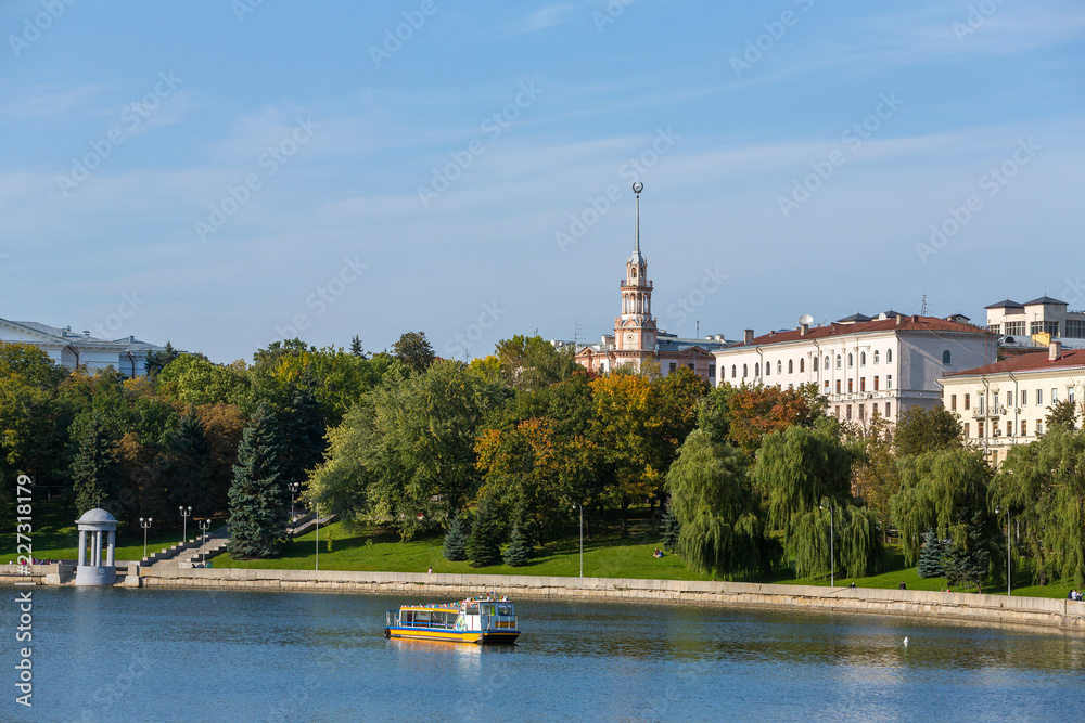 View at the Svisloch river and green park in Minsk city center, Belarus