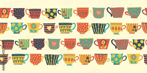 Tea cups vector seamless pattern border beige. Tea cups, teapot, spoons, cupcakes. Hand drawn mug illustration. Retro print for packaging, fabric, menu, cafe, bakery, tea party, cards, winter