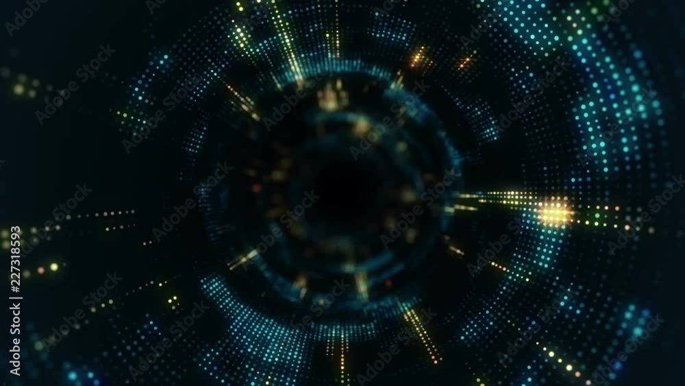 Animation of flying into digital technologic tunnel from glowing and flickering particles. Animation of seamless loop.