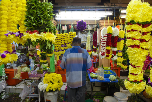 Photography Colorful garlands flower selling in the market stalls in Brickfields Little Indi