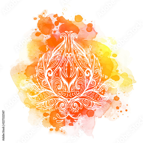 Lotus inspired ornate composition over colorful watercolor background. Hand d...