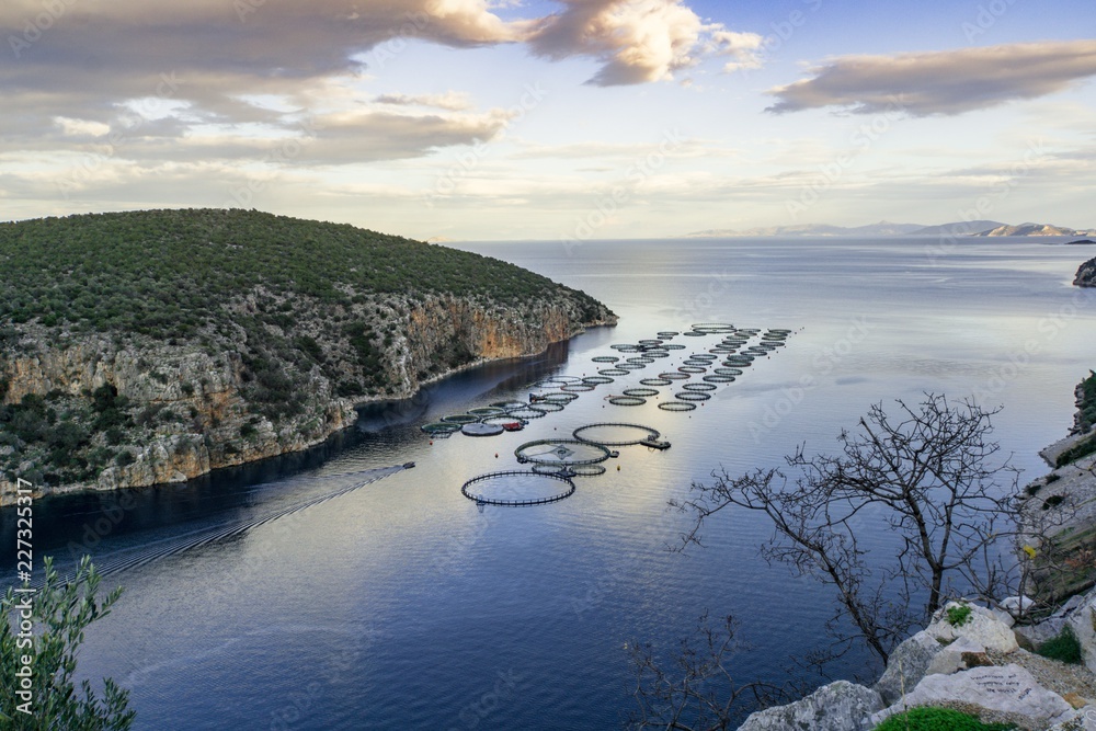 Cage fish farms in Greece, Aegean sea