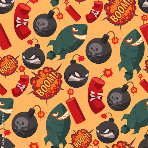 Bomb dynamite fuse vector seamless pattern background illustration grenade attack power ball burning detonation explosion fire military destruction design aggression.