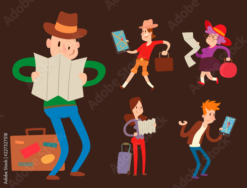 Traveler people searching right direction on map vector traveling freedom and active character lifestyle concept illustration.