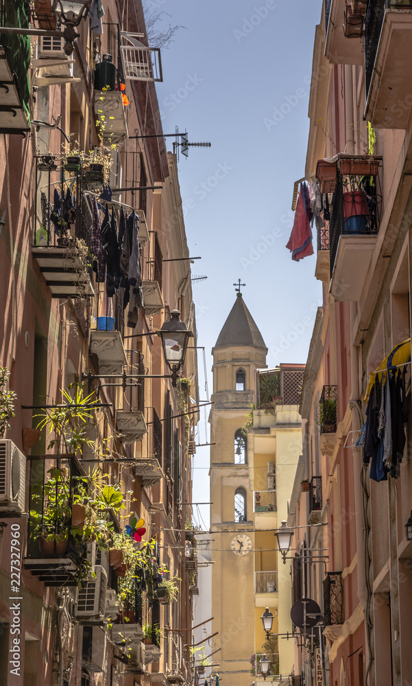 Traditional Narrow Streets of the old touristic part of Cagliari, the capital city of the Italian island of Sardinia in Italy
