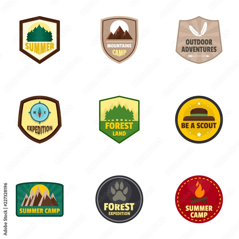 Camp logo emblem set. Flat set of 9 camp vector logo emblem for web design Camp logo emblem set. Flat set of 9 camp vector logo emblem for web design