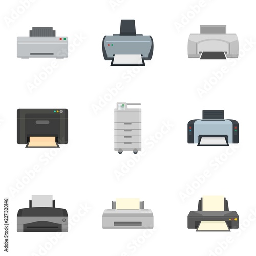 Inkjet printer icon set. Flat set of 9 inkjet printer vector icons for web design