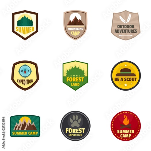 Camp logo emblem set. Flat set of 9 camp vector logo emblem for web design