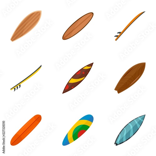 Colorful surf board icon set. Flat set of 9 colorful surf board vector icons for web design