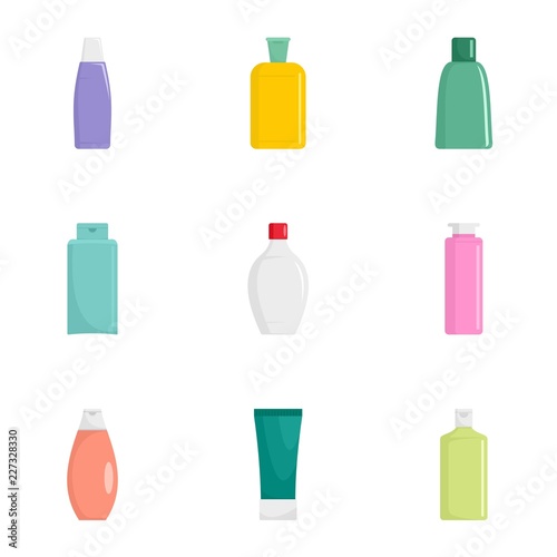 Cosmetic bottle icon set. Flat set of 9 cosmetic bottle vector icons for web design