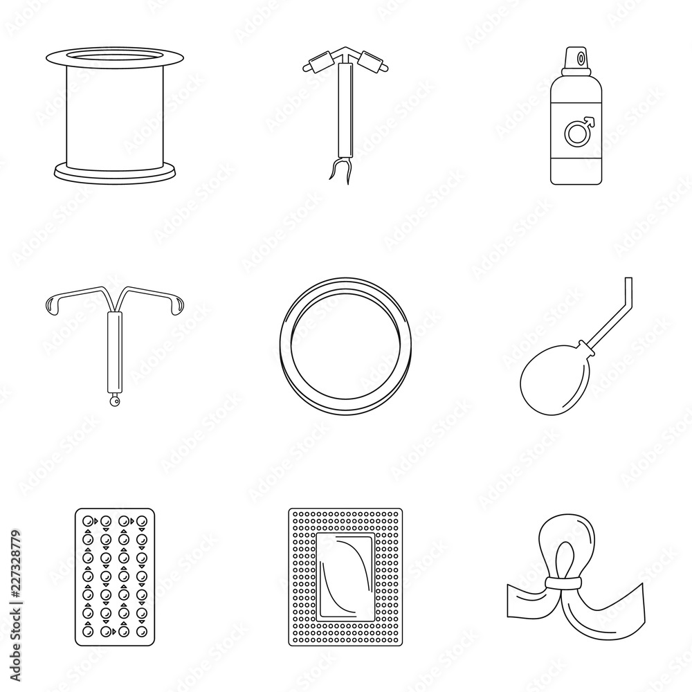 Contraception day icon set. Outline set of 9 contraception day vector icons for web design isolated on white background Contraception day icon set. Outline set of 9 contraception day vector icons for web design isolated on white background