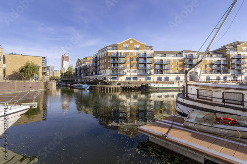 Boats at Limehouse Basin Marina  near Canary wharf riverside  London city  UK
