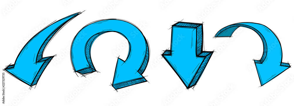 Blue arrows. Down signs. Colored hand drawn sketch Blue arrows. Down signs. Colored hand drawn sketch
