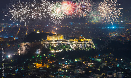 Night panorama of Athens with fireworks, Greece