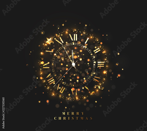New Year shiny gold clock, five minutes to midnight. Merry Christmas. Xmas holiday. Glowing background with bright lights and sparkle bokeh