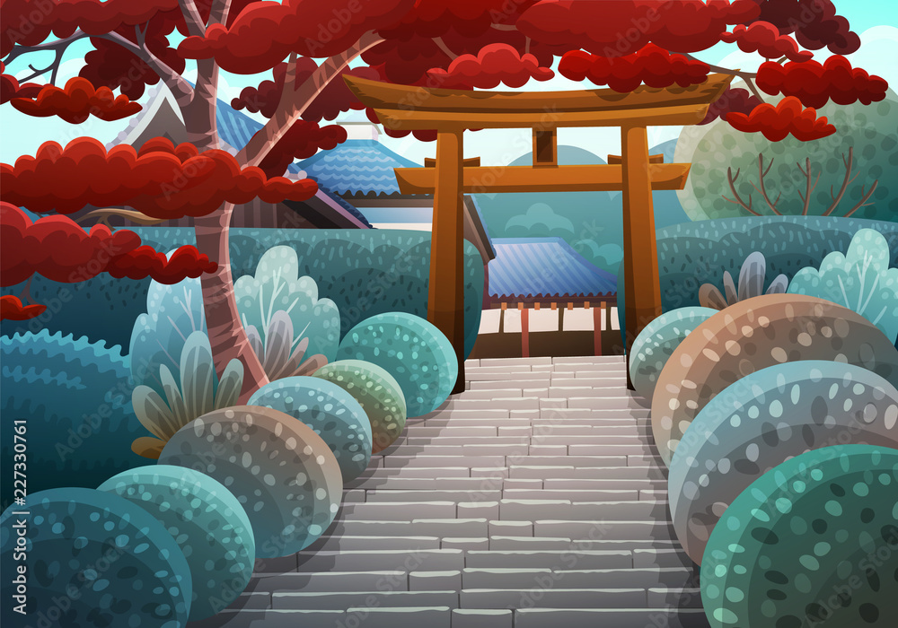 Colorful japanese landscape of stone stairs heading to a shrine through a wooden torii. Garden with bushes and red maple tree. Winter season. Vector illustration. - obrazy, fototapety, plakaty 