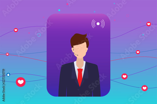 man live streaming online. video player window on social media. 