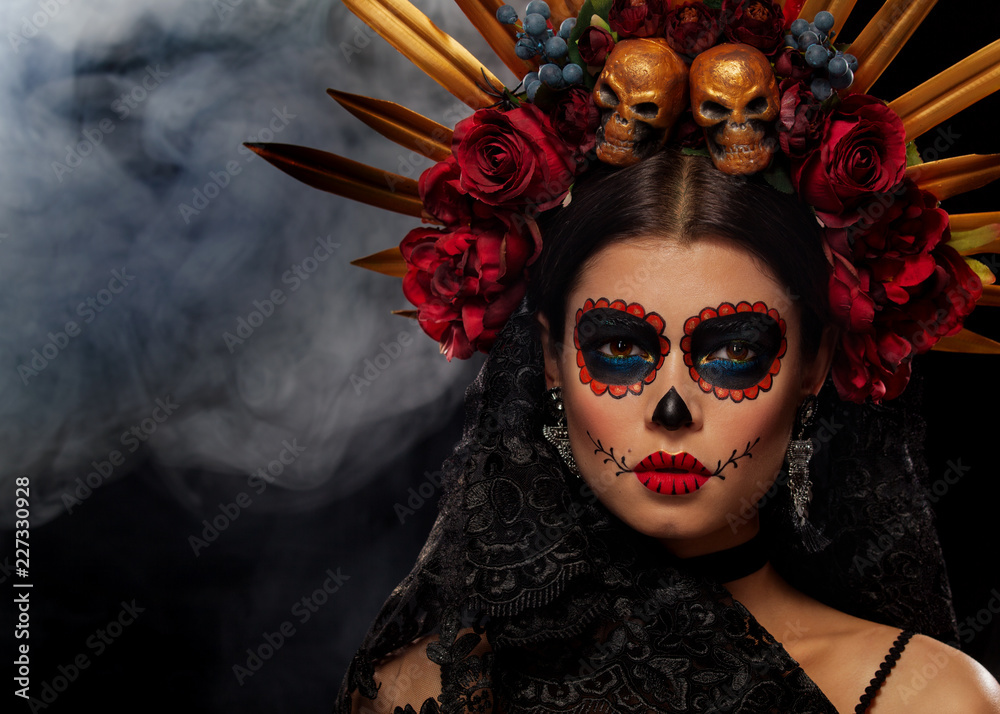 Creative image of Sugar Skull. Neon makeup for Halloween or Dia De Mertos holiday.