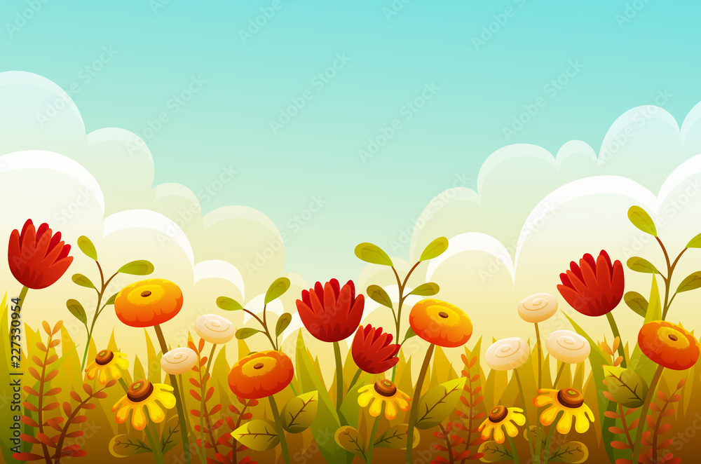 Cute cartoon flowers in grass border. Red tulips, orange and yellow flowers.  Autumn scene with blue sky and clouds. Vector illustration. Stock Vector |  Adobe Stock
