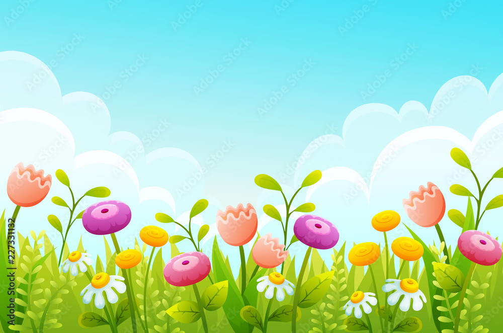 Cute cartoon flowers in green grass border. Pink tulips, chamomile and  yellow buds. Spring scene with blue sky ans clouds. Vector illustration.  Stock Vector | Adobe Stock