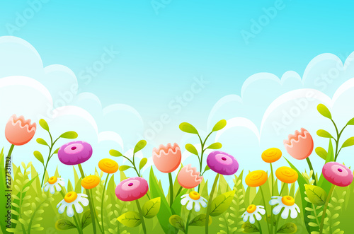 Cute cartoon flowers in green grass border. Pink tulips, chamomile and yellow buds. Spring scene with blue sky ans clouds. Vector illustration.