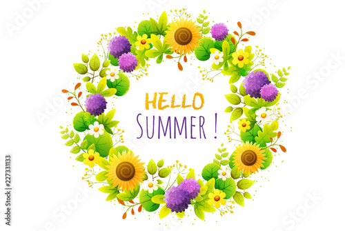 Floral frame. Wreath of summer flowers in a circle of green foliage with sunflowers and violet hydrangeas. Vector illustration isolated on white background for greeting card or invitation.