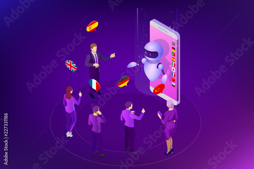 Isometric online voice translator and learning languages concept. E-learning, translate languages or audio guide. Artificial Intelligence chatbot translator.