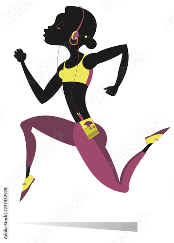 Running young African woman isolated illustration. Cartoon young African woman runs and listens music on player using headphones isolated on white illustration 