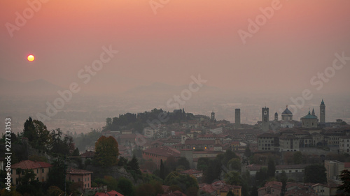 Bergamo. One of the beautiful city in Italy. Morning landscape at the old town from Saint Vigilio hill during fall season