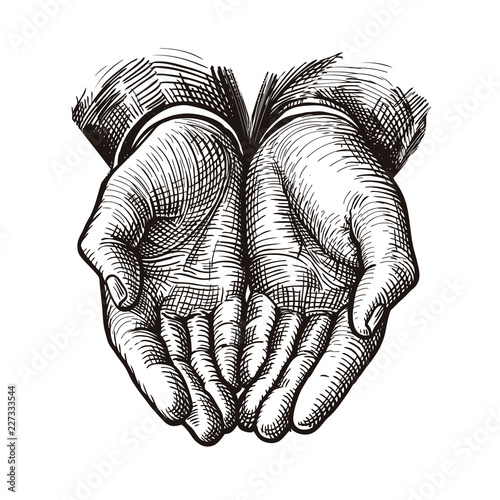 Folded arms, cupped or open hands sketch. Vintage vector illustration