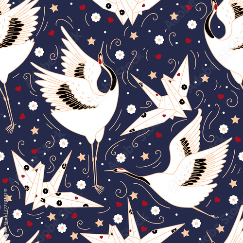 Navy Origami Crane Metamorphosis seamless pattern