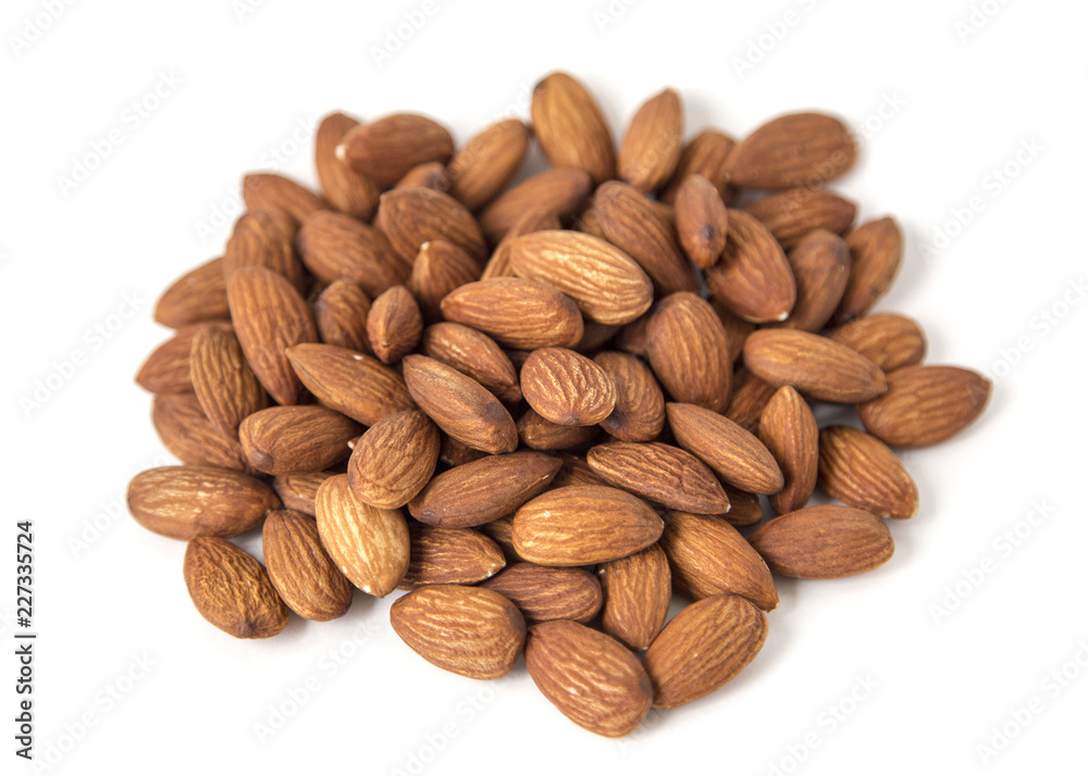 Raw Natural Organic Almonds Nuts Scattered Isolated on White Background Top View Healthy Food for Life Natural Light Selective Focus Raw Natural Organic Almonds Nuts Scattered Isolated on White Background Top View Healthy Food for Life Natural Light Selective Focus