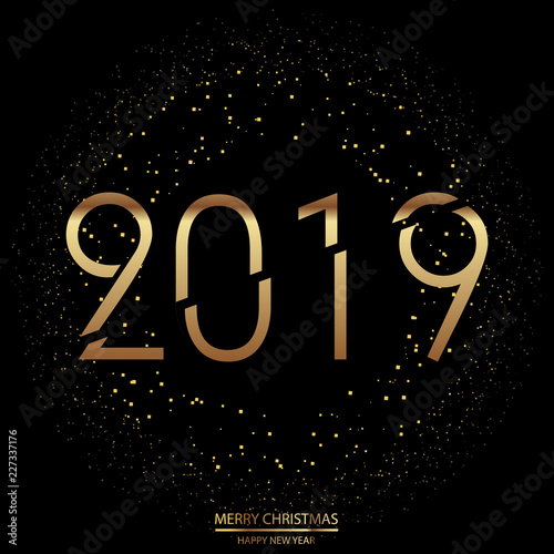 Happy New Year and Merry Christmas background with modern gold text. Vector