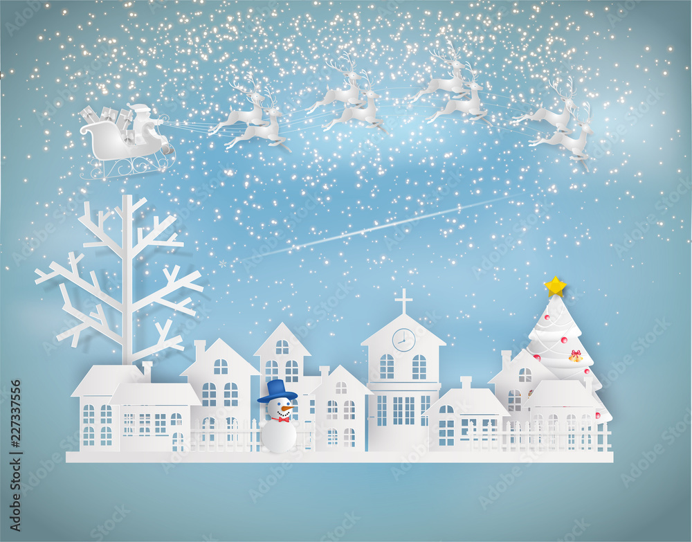 Paper art style of Merry Christmas and Happy New Year. Santa Claus on the sky coming to City. with winter landscape and stars is glitter in the sky.
