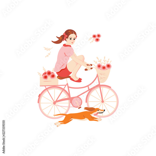 Cycling - isolated girl with her dog and bicycle on white