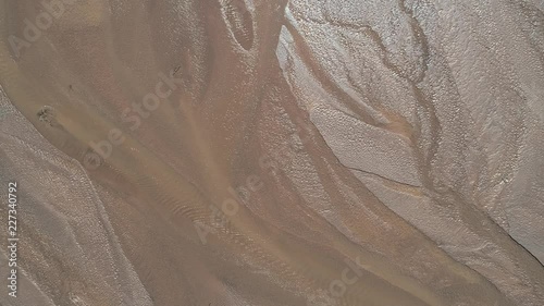 Senital aerial drone scene of Fiambala meandering river, Detail of vein drawings made by flowing and movement of water over sand river bend. Camera ascends. Catamarca, Argentina.  photo