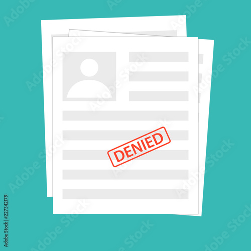 Denied reject document with stamp. Grey application concepts. Top view. Modern flat design graphic elements for web banners, websites, infographics. Vector illustration paper document with photo id.