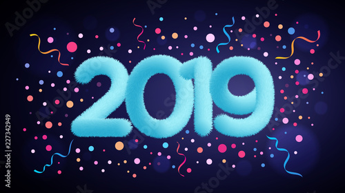 Happy New Year 2019 lettering with a fur or tinsel text effect