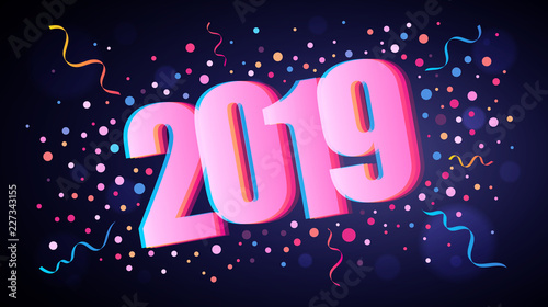 Happy New Year 2019 overlapping numbers with colorful round confetti