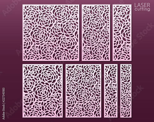 Laser and die cut ornamental panels template set with pattern of peony flowers. Ratio 1:1, 1:2, 1:3, 1:4, 2:3, 3:4. Cabinet fretwork panel. Lasercut metal panel. Wood carving.