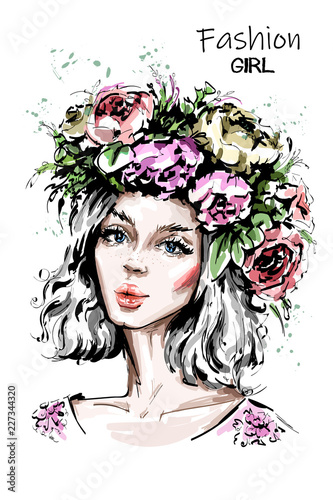 Hand drawn beautiful forest girl in flower wreath. Young woman looks like a nymph dryad. Fashion woman portrait. Sketch.