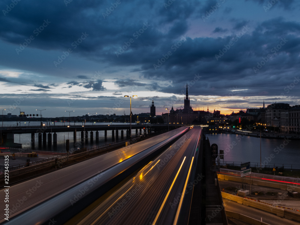 long exposure of train at night in stockholm sweden