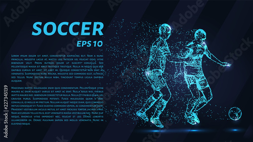 Soccer of the particles carries in the wind. Silhouette of a soccer player from circles