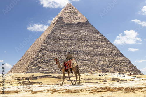 Bedouin on camel near Pyramid of Khafre or of Chephren in Giza  Egypt