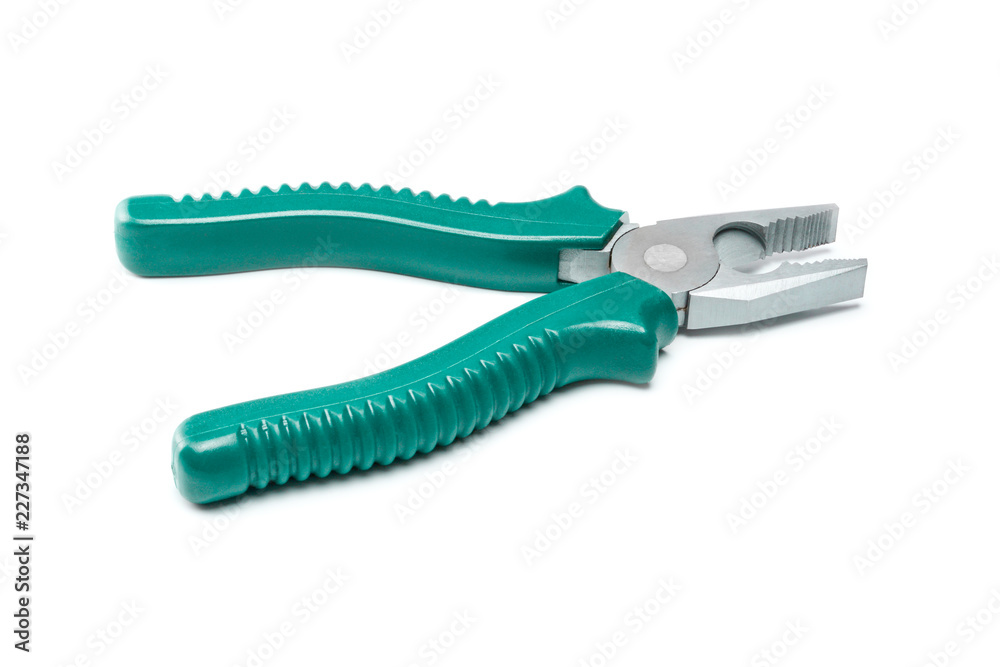 Pliers with green isolated handles on white background. Tool isolated on white with clipping path. Pliers with green isolated handles on white background. Tool isolated on white with clipping path.