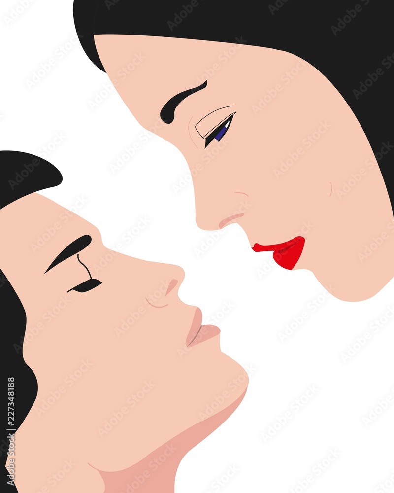 Romantic illustration of Kissing couple on a white background. A woman want to kiss Her boyfriend on valentine's day. Vector illustration