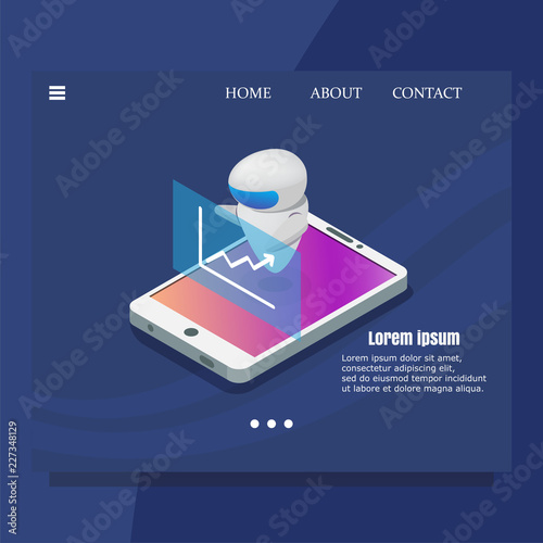 vector robot, mobile assistant, software bot with diagram. Isometric illustration