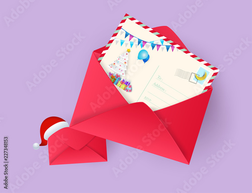 Illustration of postcard merry christmas and happy new year greeting card concept. Paper art and digital craft style.