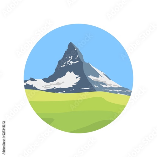 Mountain Matterhorn landscape icon. Glaciers on mountain, green valley, blue sky. Swiss Alps and Matterhorn mountain. Switzerland landscape. Vector illustration.